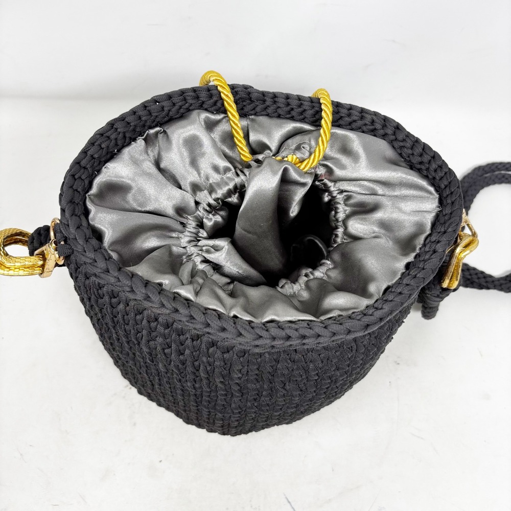 Saeli Handmade Crochet Bucket Bag Charcoal Gray Drawstring Satin Lined Beaded - Picture 3 of 13